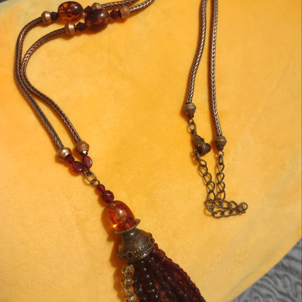 Tassell Necklace 14 in. with 4 in. Tassell in Brown and Bronze Tones